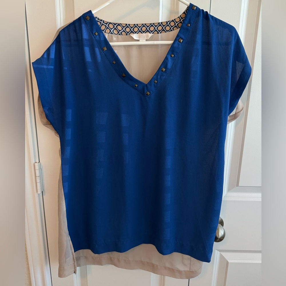 Charming Charlie Blue V-Neck Sheer Blouse Long Flowy Size Large